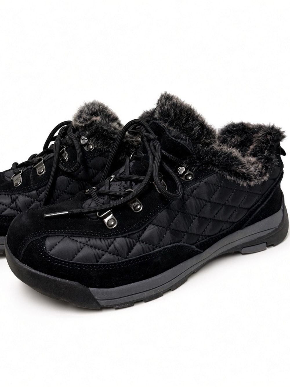 Lands’ End Black Quilted Faux Fur Lace-Up Winter Sneakers Size 9 – Worn Once